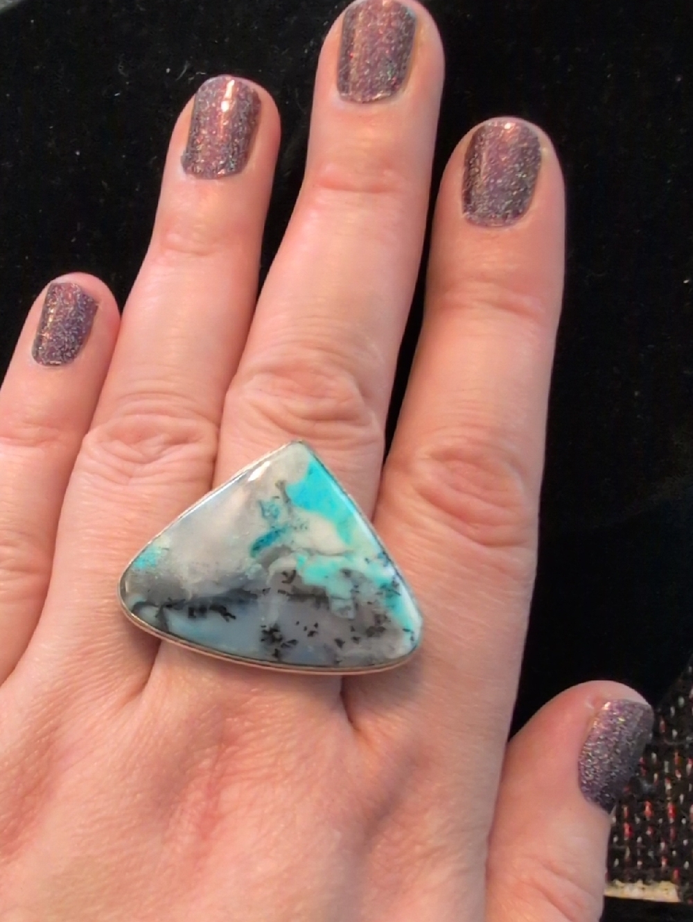 Blue And White Dendritic Opal Triangular Ring